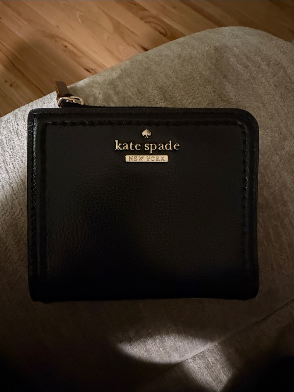 kate spade Black Leather Compact Zip Wallet with Gold Logo